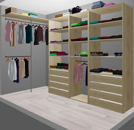 Hjørnegarderobe i tre med mange hyller, skuffer og fargerike klær.