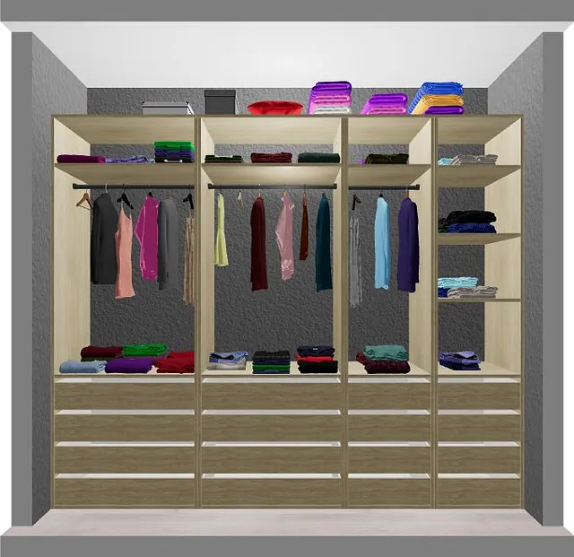 Garderobe i tre med flere seksjoner for brettede og hengende klær.