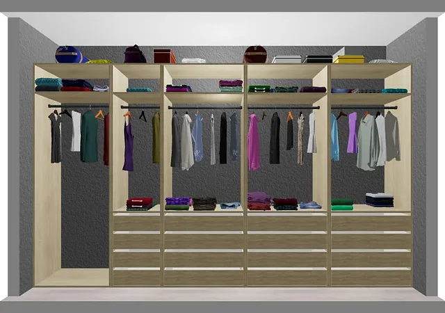 Garderobe med åpne seksjoner, hengestenger og skuffer for klær.