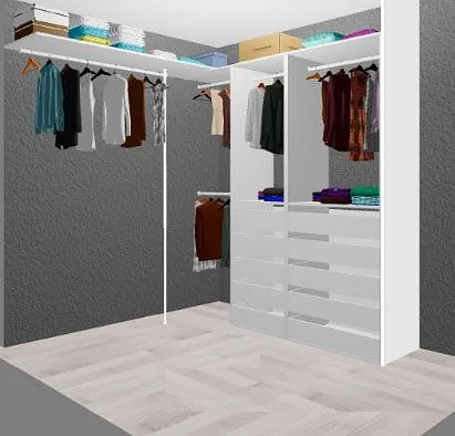 Hjørnegarderobe med hengestenger, skuffer og klær pent plassert.